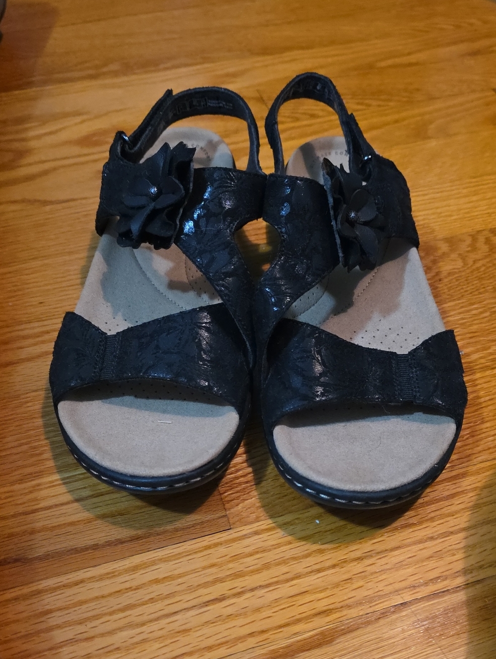Clarks Black Floral Applique Comfort Sandals